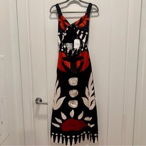 Elegant Black and Red Patterned Midi Dress